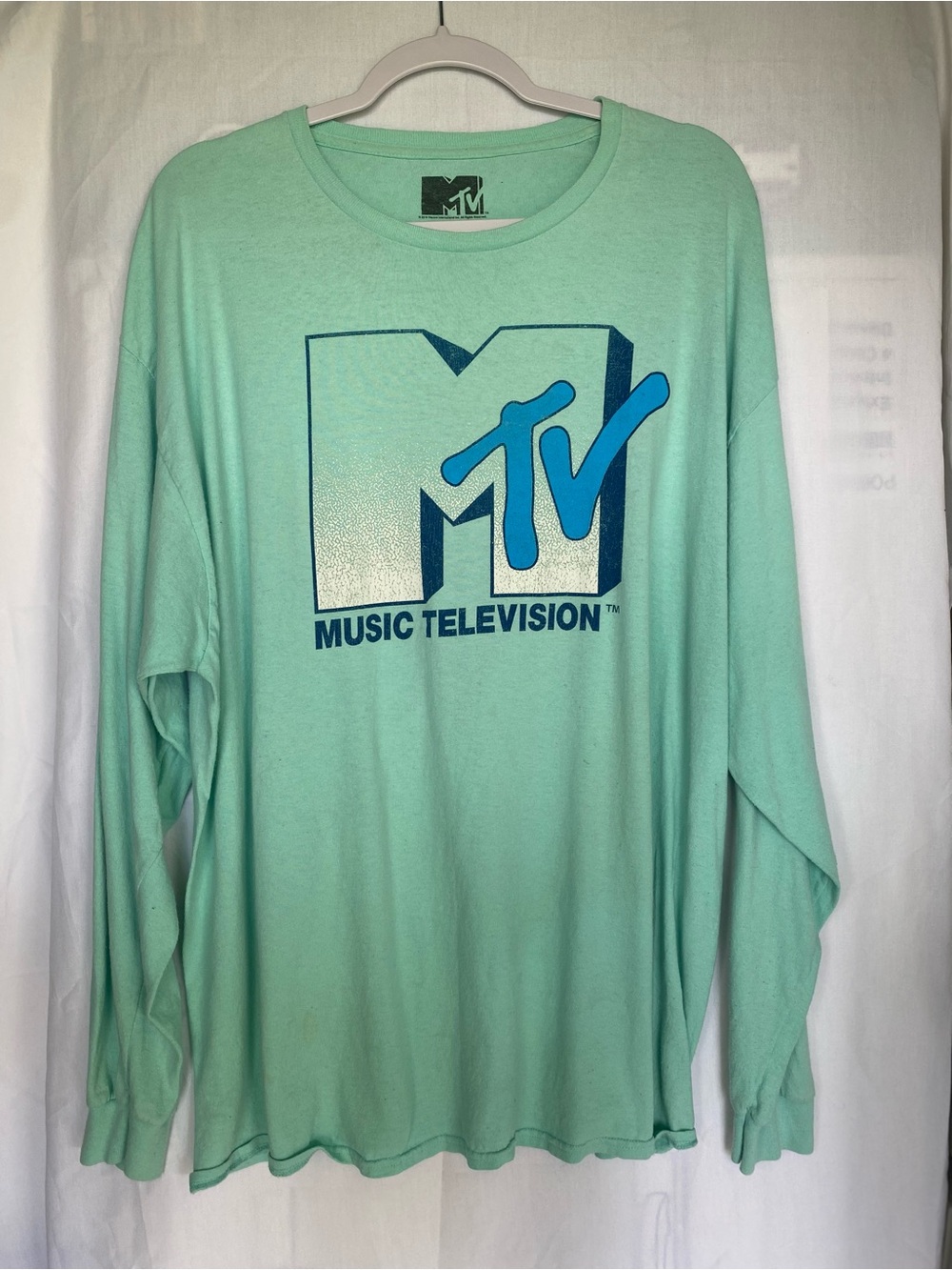 Vintage MTV Music Television Logo Graphic Crew Neck Long Sleeve Green TShirt 2XL